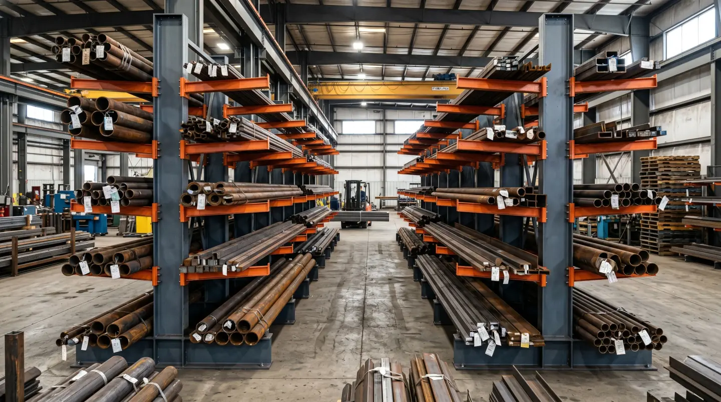 Heavy-duty structural cantilever rack storing pipe, steel, and lumber bundles in a Central PA industrial distributor