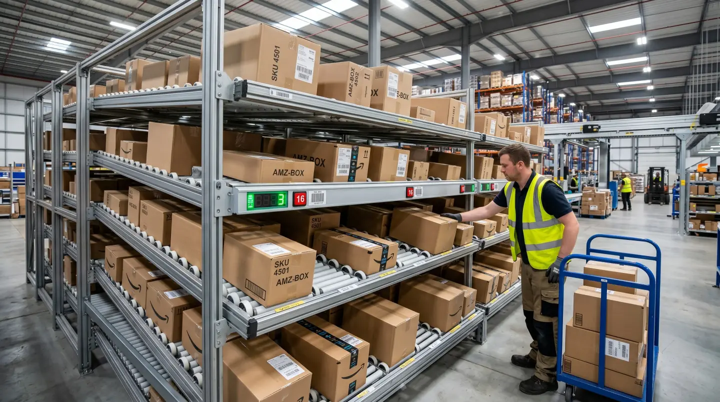 Multi-tier carton flow rack with skate-wheel tracks and warehouse operator picking cases in a Central PA fulfillment center