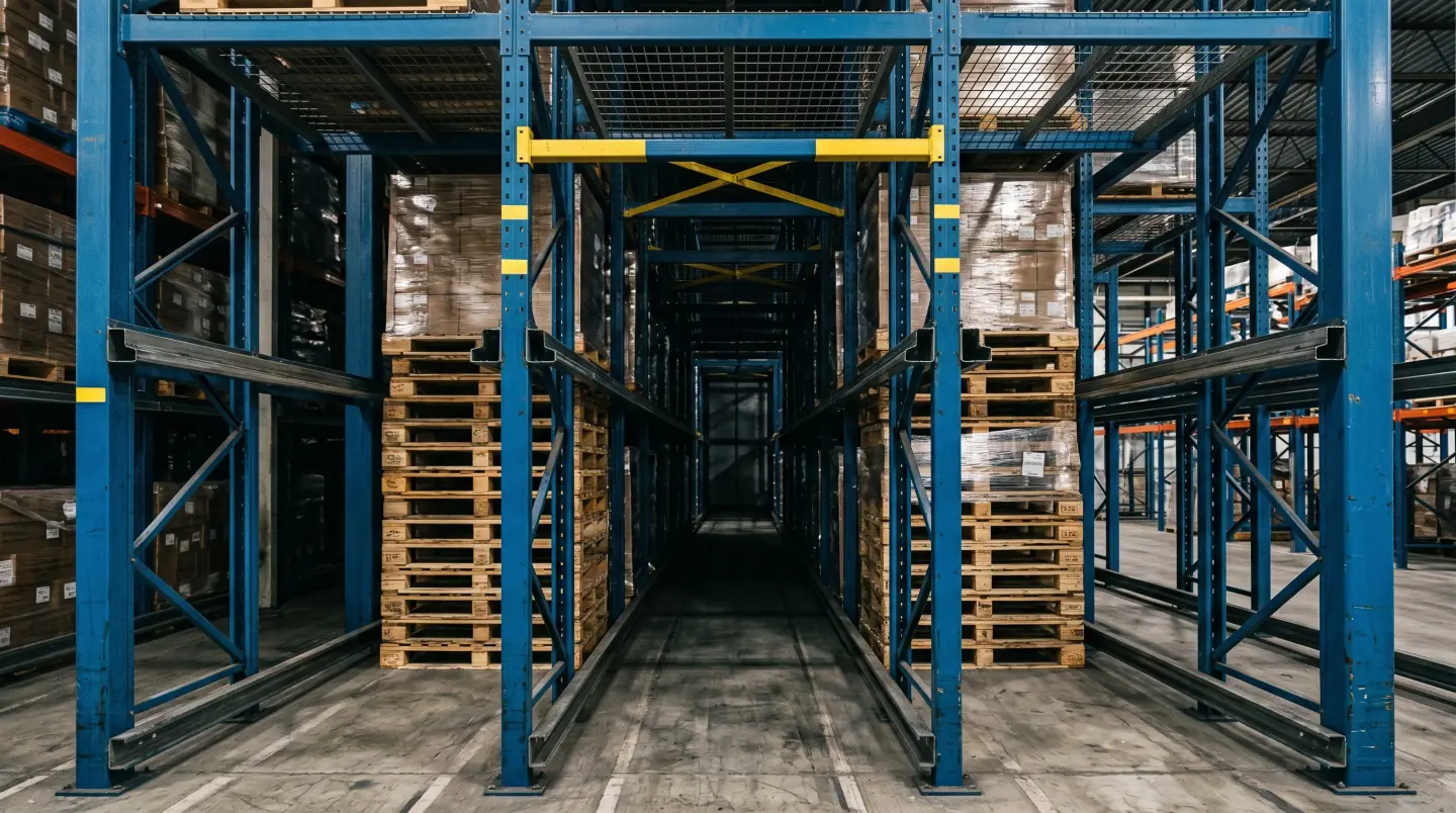 Drive-in pallet rack system with forklift entering the rack structure in a Central PA cold storage warehouse