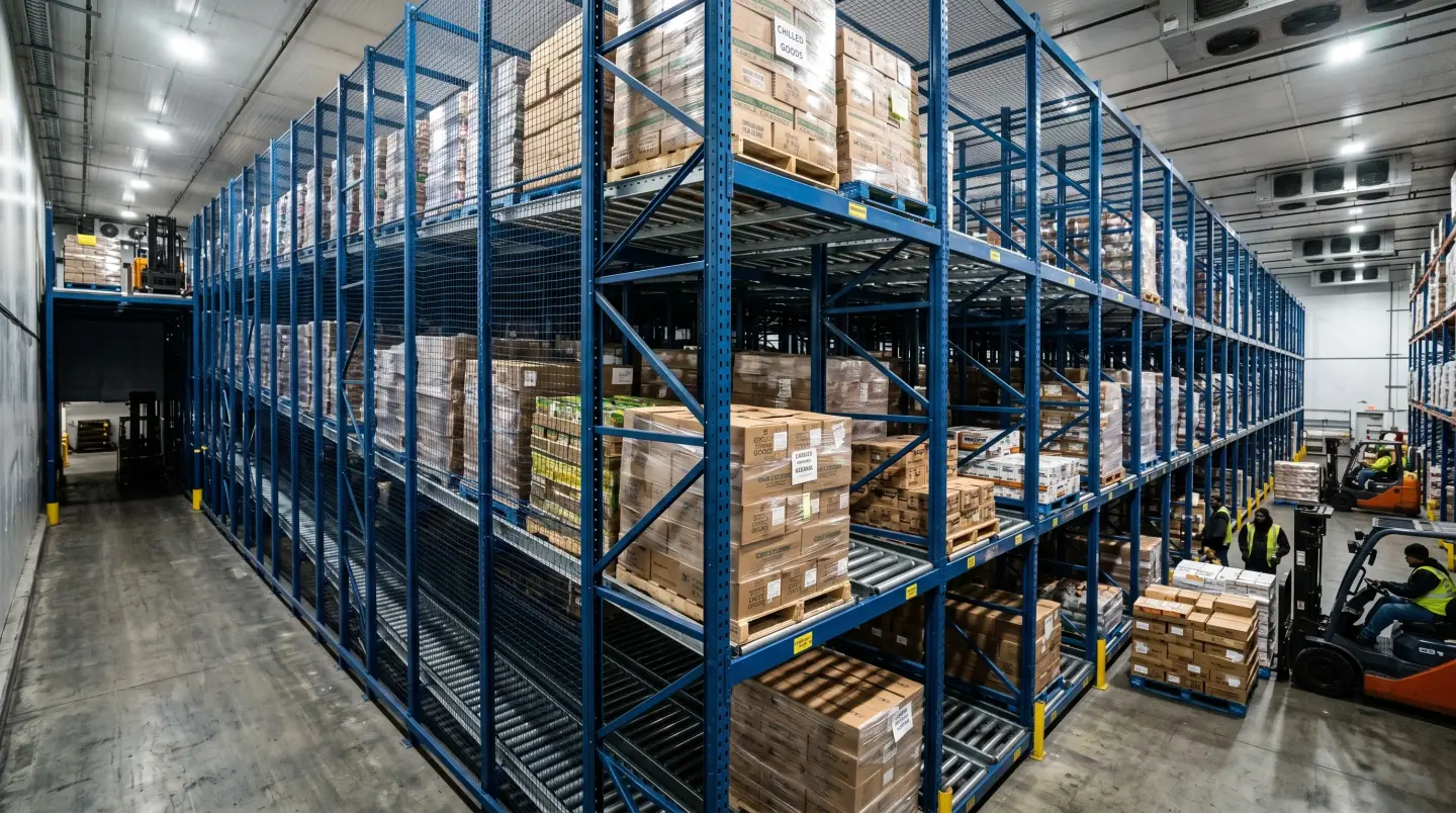 Deep-lane pallet flow rack with gravity rollers in a Central PA refrigerated distribution center