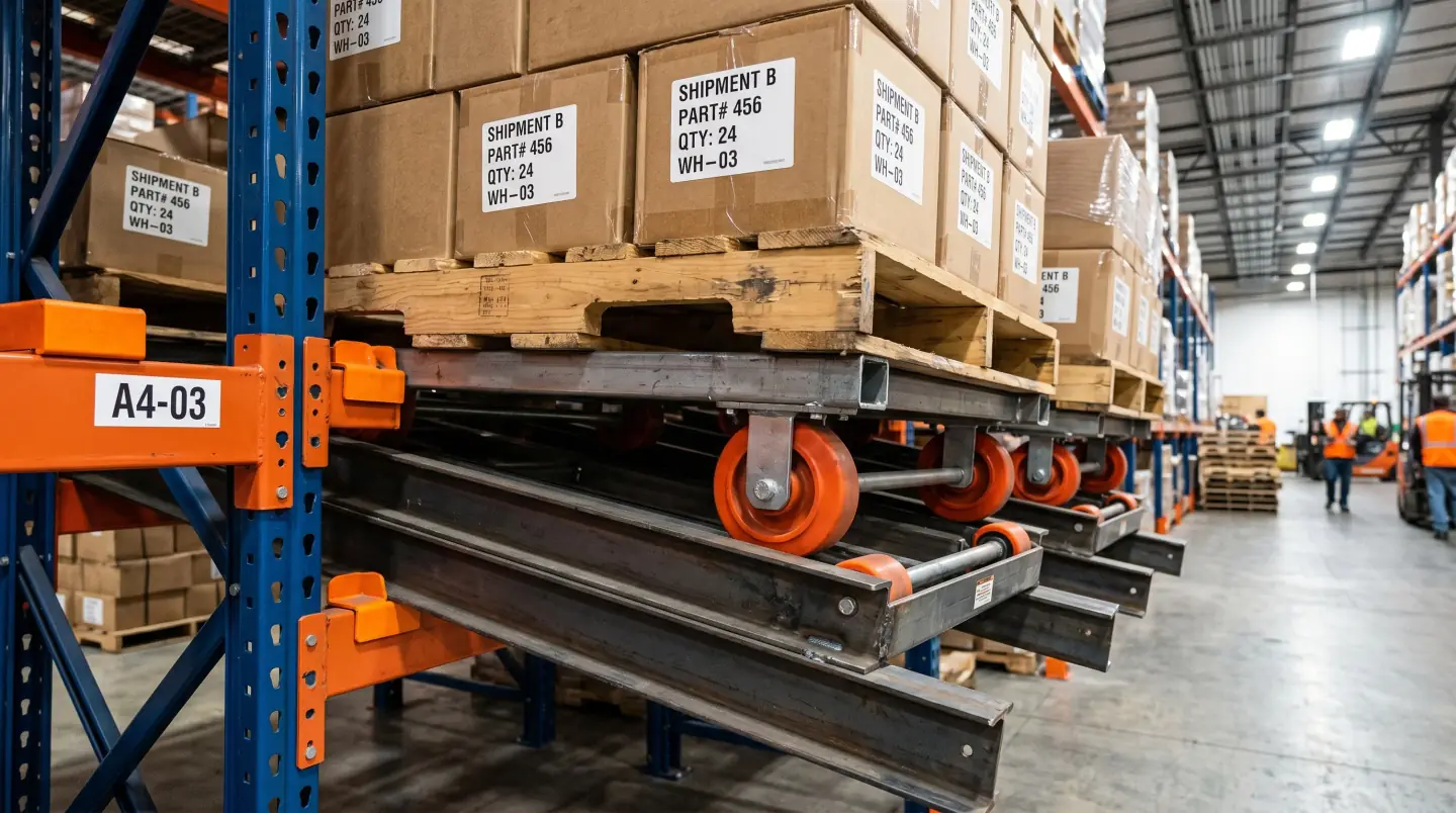 Pushback pallet rack system with nested carts and inclined rails in a Central PA warehouse